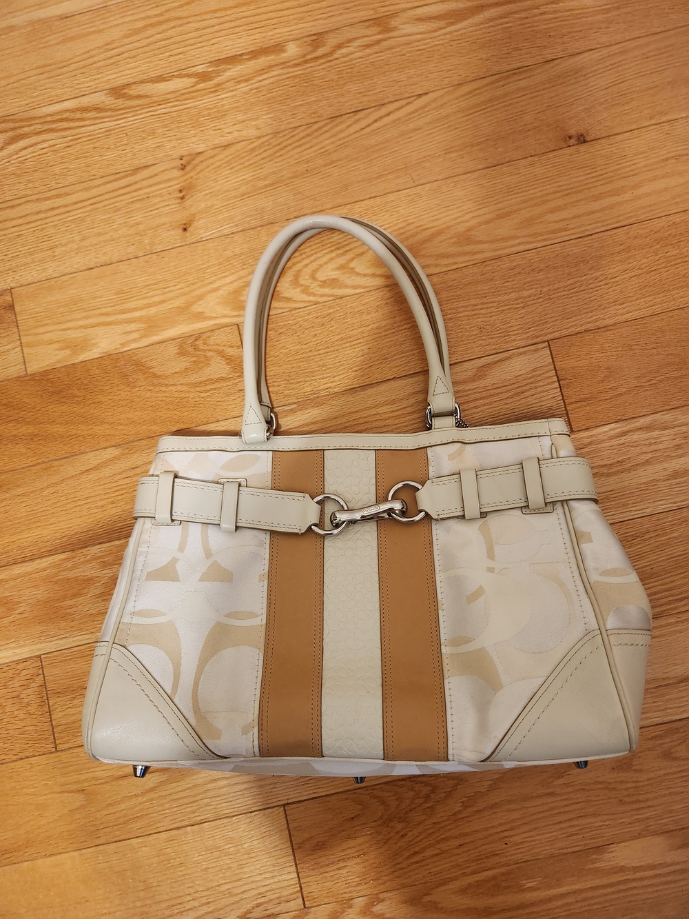 Coach F13338 Cream and Tan Shoulder Bag with Center Stripe Detail